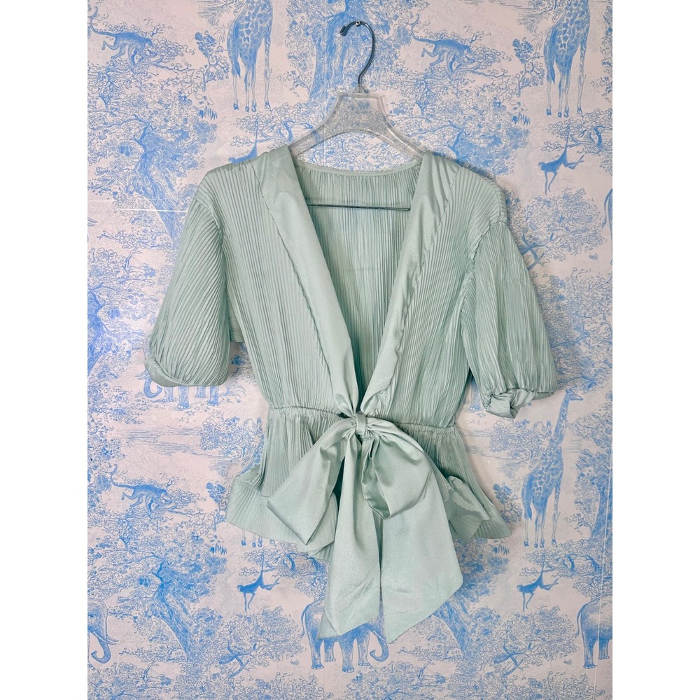 Parisian Plisse Pleated Puff Sleeve Tie Front Peplum Blouse Cottagecore *READ